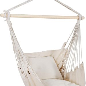 SUPER DEAL Columpio portátil de cuerda colgante con 2 cojines de asiento, silla hamaca de algodón de capacidad de 330 libras con funda de transporte SUPER DEAL Columpio portátil de cuerda colgante con 2 cojines de asiento, silla hamaca de algodón de capacidad de 330 libras con funda de transporte
