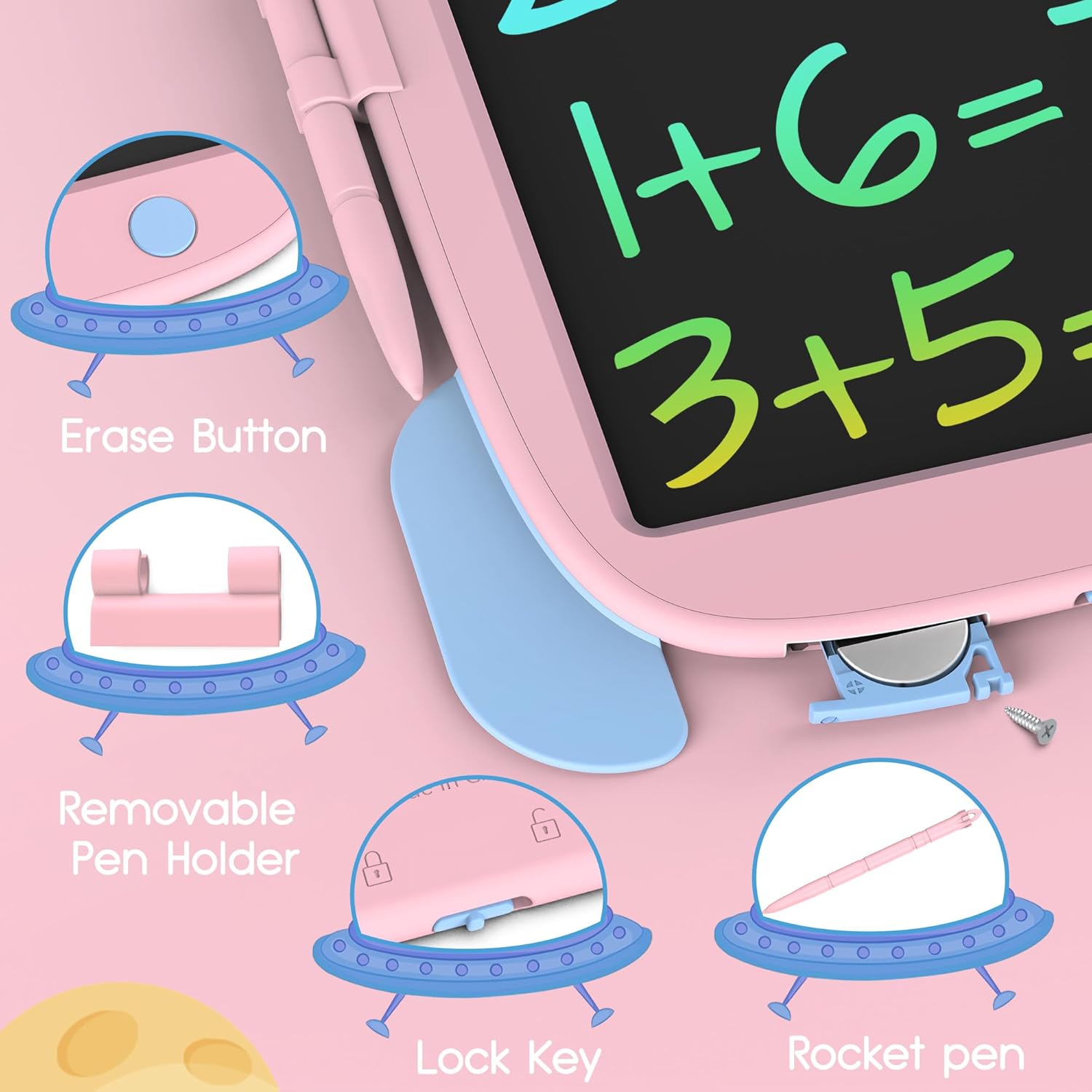 Hockvill Tableta de escritura LCD para niños, juguete de aprendizaje, almohadilla de dibujo de cohetes para niñas de 3, 4, 5, 6, 7, 8 años, tablero