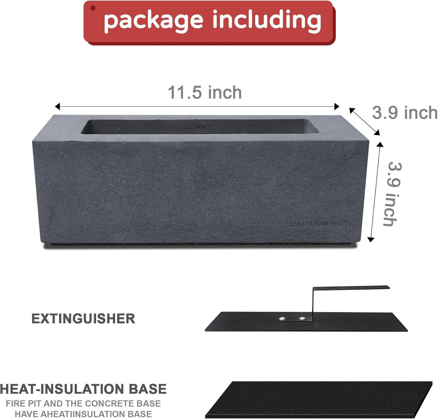 Kante Chimenea rectangular de mesa de 11.8 pulgadas de largo, chimenea de mesa de hormigón, cuenco portátil con alcohol para frotar para interiores