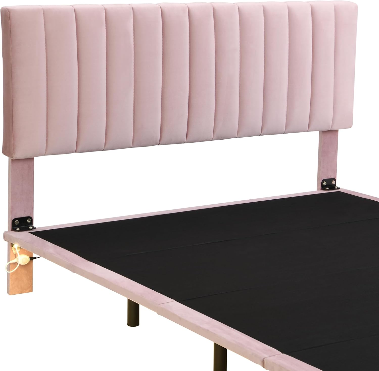 SOFTSEA Base de cama flotante tamaño Queen, plataforma tapizada con luz inteligente y cabecero, marco de cama de terciopelo tamaño Queen con soporte