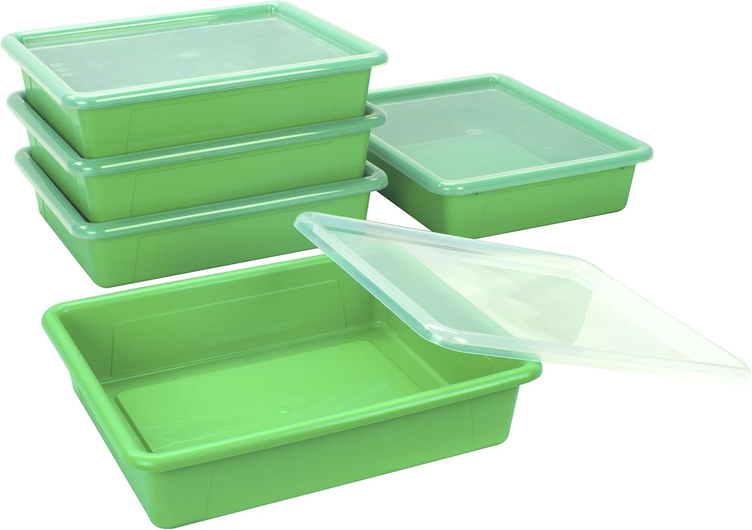 Storex Bandeja de almacenamiento plana tamaño carta, contenedor organizador con tapa sin broches para aula, oficina y hogar, verde, paquete de 5