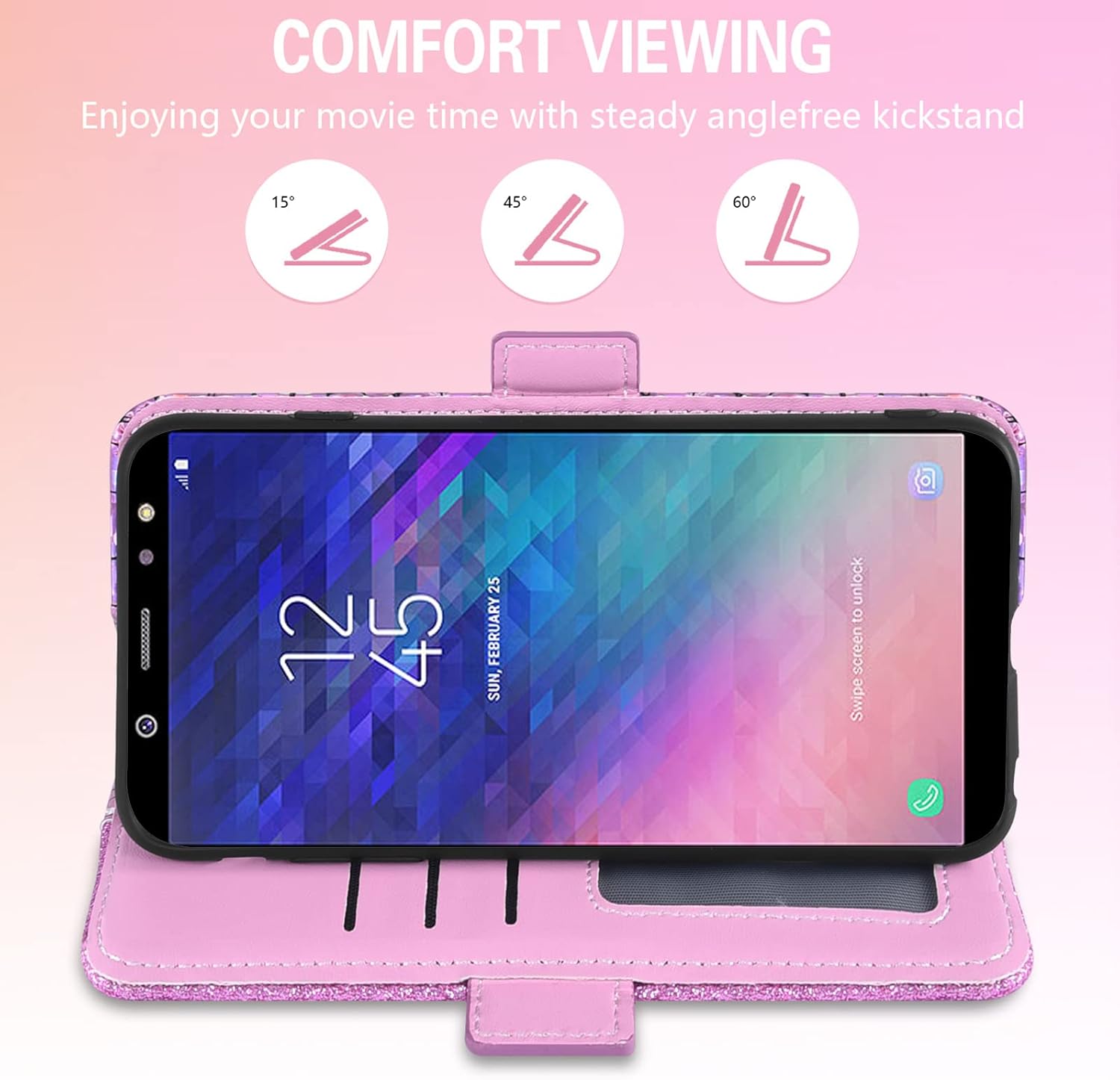 Asuwish Funda de teléfono para Samsung Galaxy A6 con protector de pantalla de vidrio templado y correa para la muñeca, tarjetero con purpurina