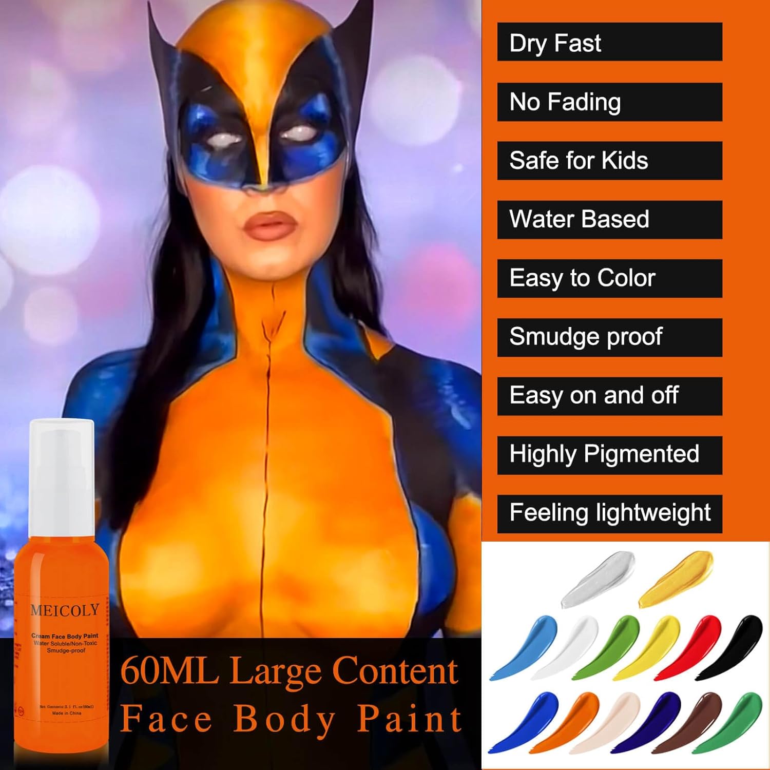 MEICOLY Pintura corporal naranja crema, pintura facial de calabaza a prueba de manchas, a prueba de manchas, pintura de cuerpo completo lavable a