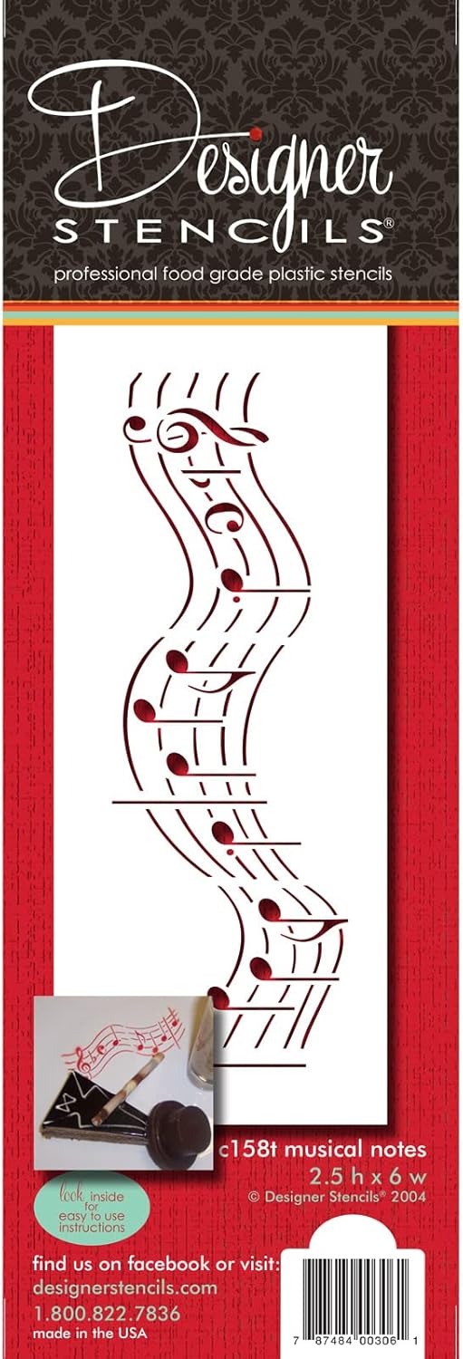 Designer Stencils C158t – Plantilla para pastel de notas musicales (versión corta), beigesemitransparente, 2.5 x 6 pulgadas