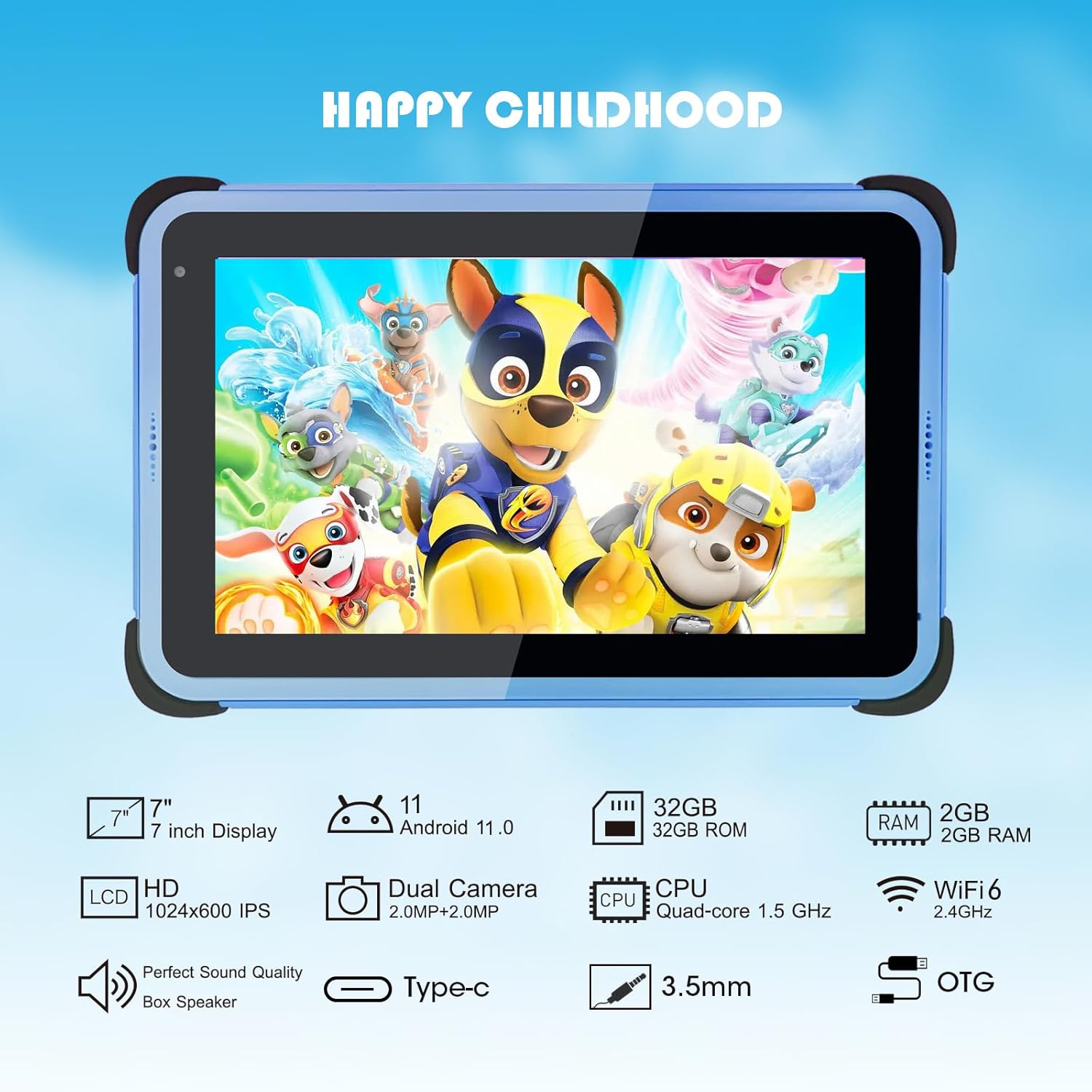 CWOWDEFU Tablet infantil de 7 pulgadas, tableta Android WiFi para niños, pantalla IPS HD, 2 GB de RAM 32 GB ROM TF hasta 128 GB, 2 MP+5 MP, control