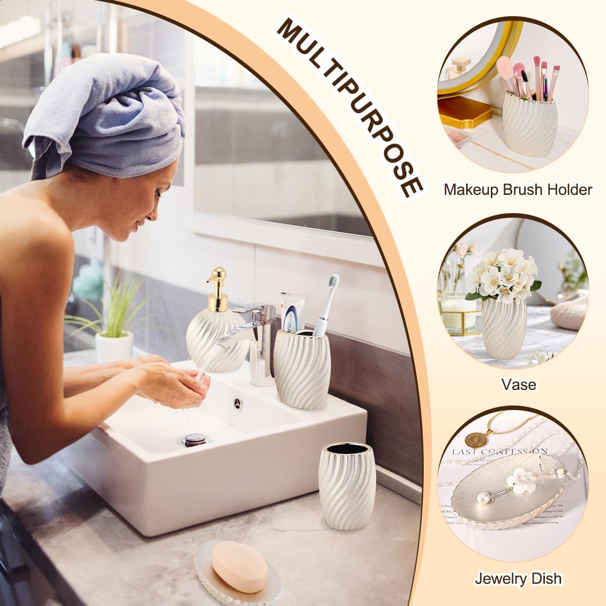 Vidalenta Juego de accesorios de baño, juego esencial de baño de cerámica de 4 piezas con soporte para cepillo de dientes, dispensador de jabón,