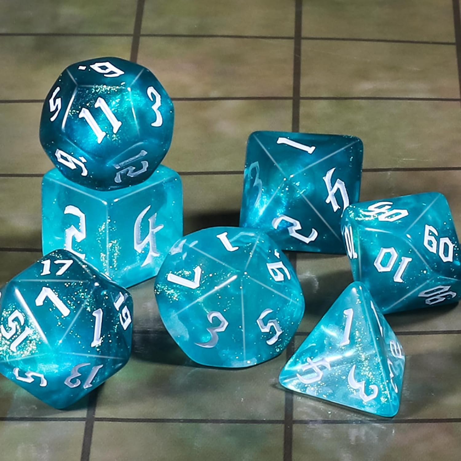 CiaraQ DND – Juego de dados poliédricos para juegos de rol de Dungeons and Dragons RPG MTG, con 1 bolsa de dados (aguamarina + brillantina)