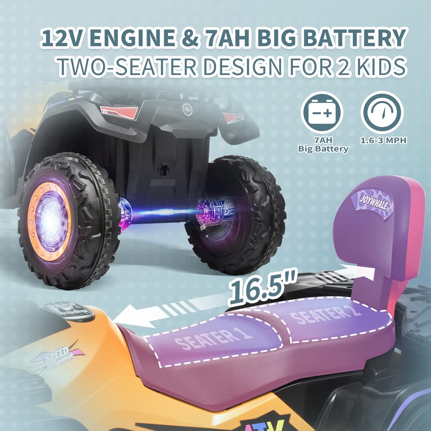 Joywhale ATV de 12 V y 2 plazas para niños de 3 a 8 años, con calcomanía de bricolaje, batería 7AH, suspensión de metal, faros brillantes, música,