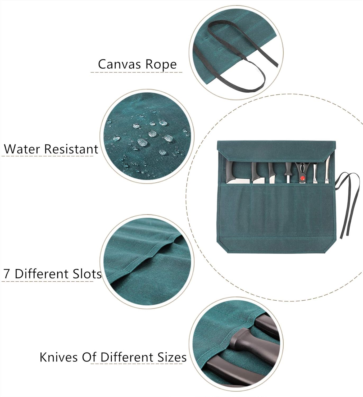 Denifiter Bolsa de lona encerada resistente para cuchillos de chef con 7 ranuras, impermeable y duradera (verde oscuro)
