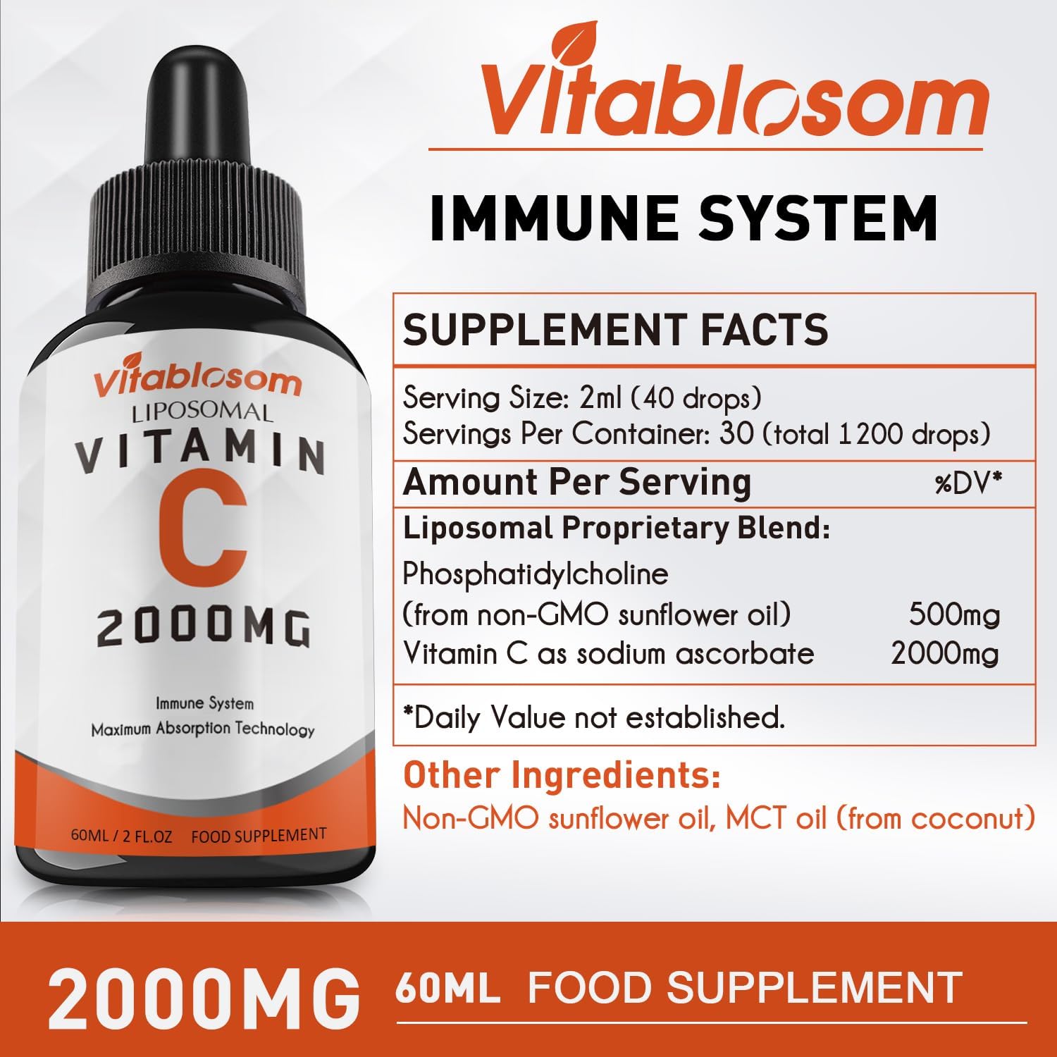 Líquido liposomal de vitamina C de 2000 mg para adultos, alta absorción VIT C, sistema inmunitario de mayor biodisponibilidad y apoyo antioxidante,