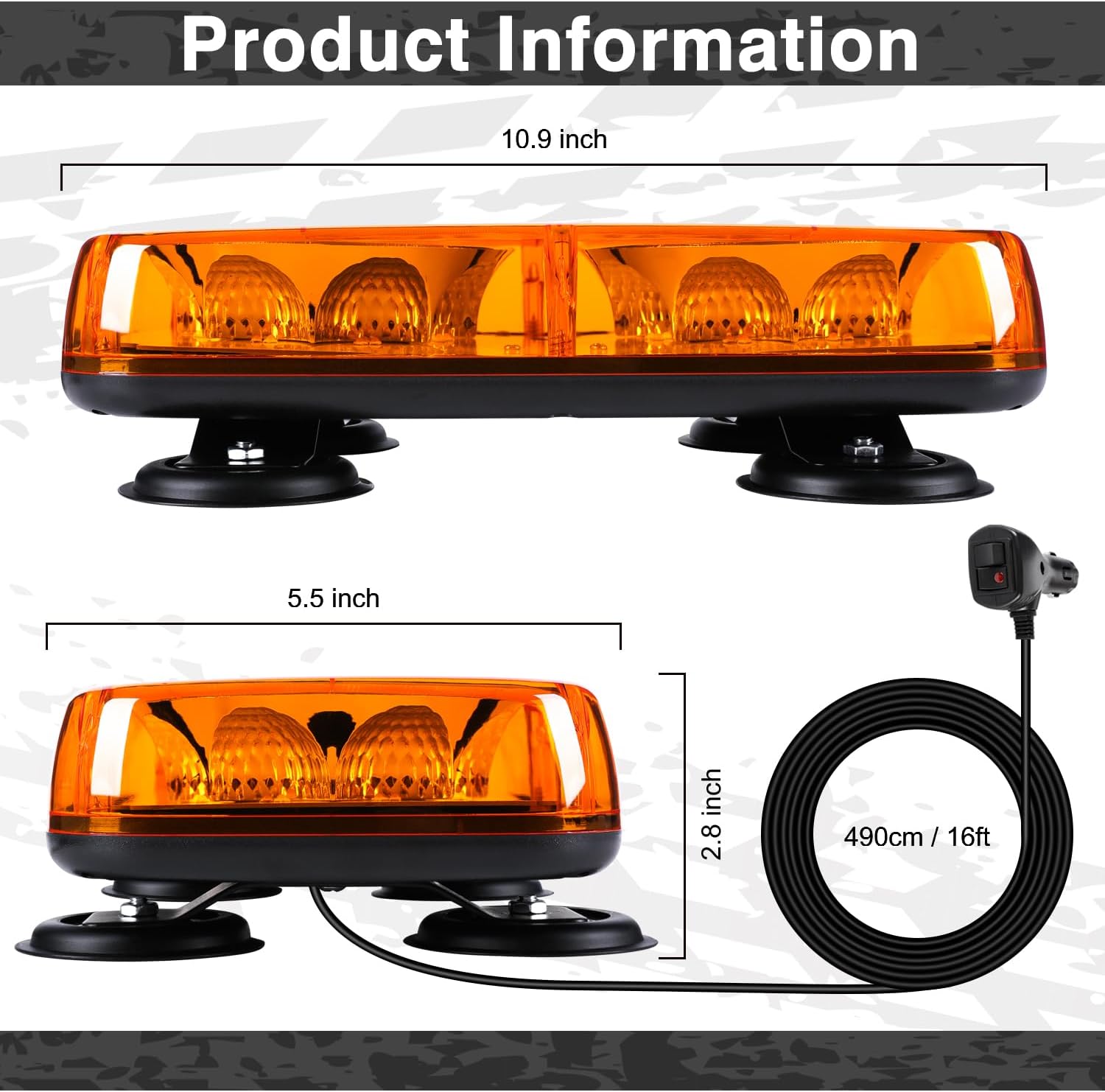 RONSTA Luces estroboscópicas LED de emergencia en el techo, 12V-24V ámbar 48 luces LED intermitentes de seguridad con magnético y cable recto de 16