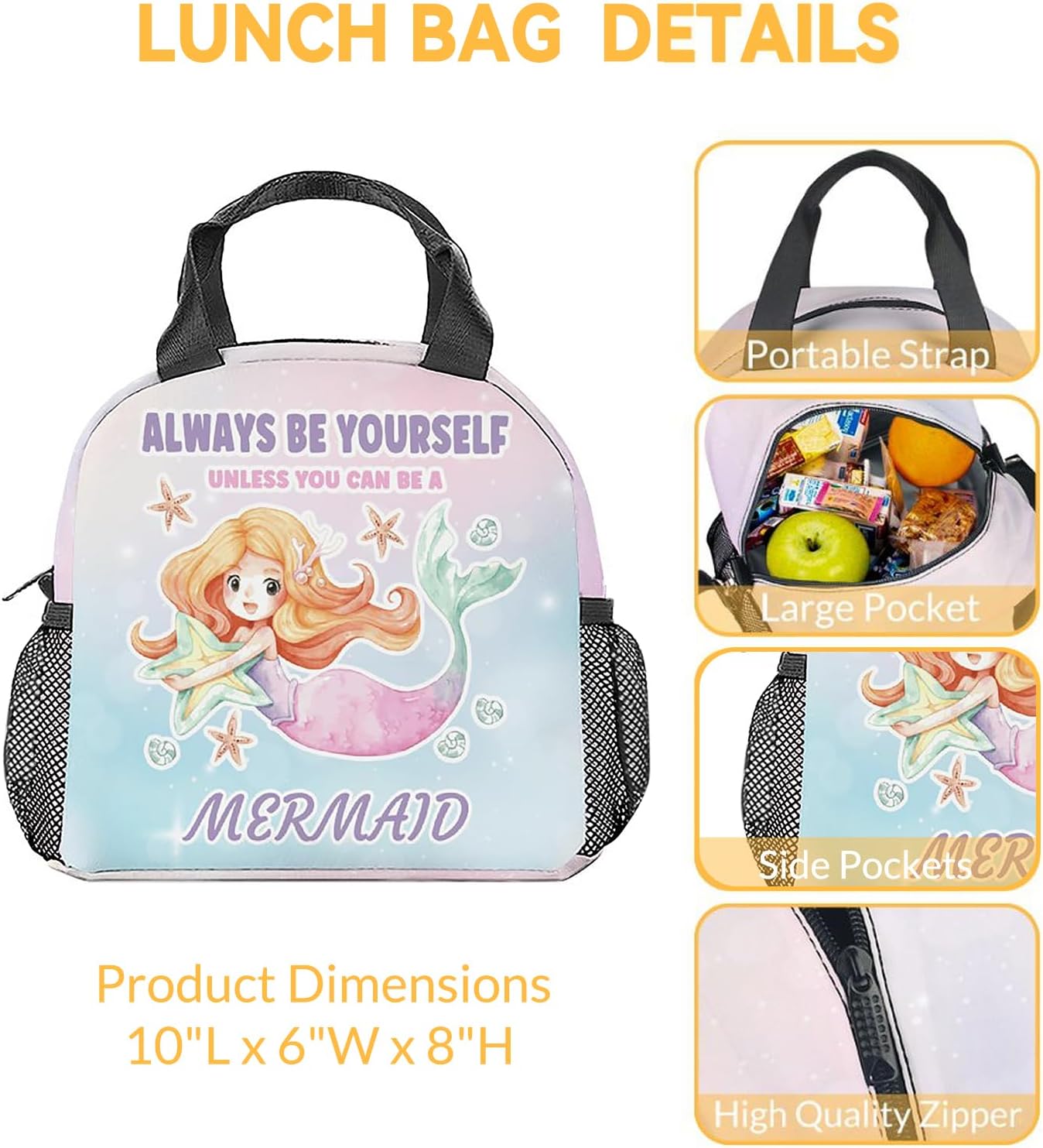 Lonchera de sirena para niños, adolescentes  Bolsas de almuerzo reutilizables aisladas con bolsillos  Pequeña lonchera colorida para niñas y mujeres