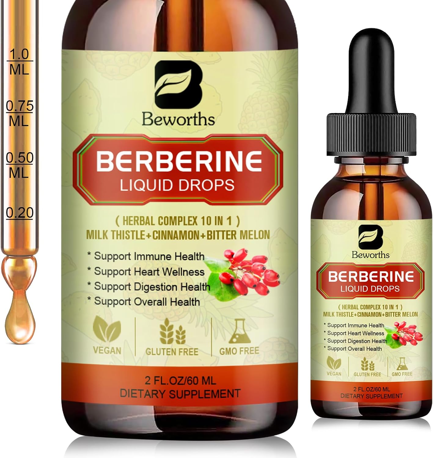 Suplemento de berberina prémium  Gotas líquidas de berberina con cúrcuma, melón amargo, cardo mariano, canela de Ceilán, suplemento vegetal de