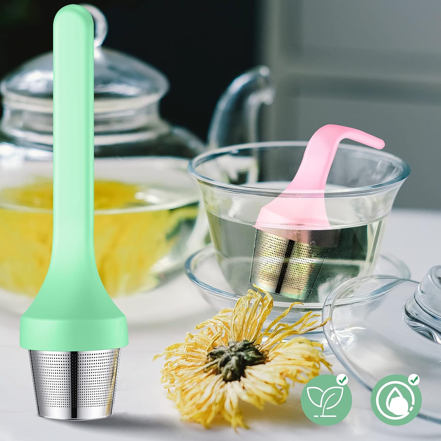 2 infusores de té, filtro de taza de té de malla extrafina, mango de silicona, perfecto para té de hojas sueltas o té de hierbas para tazas y