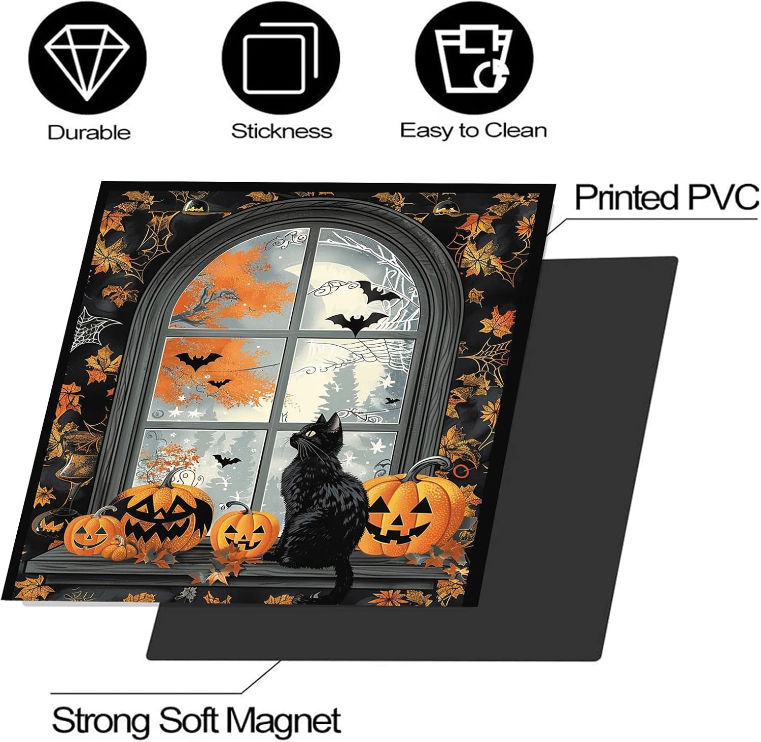 Calcomanía magnética para lavavajillas con diseño de calabaza y gato negro con diseño de murciélago y luna llena, para lavavajillas, panel para
