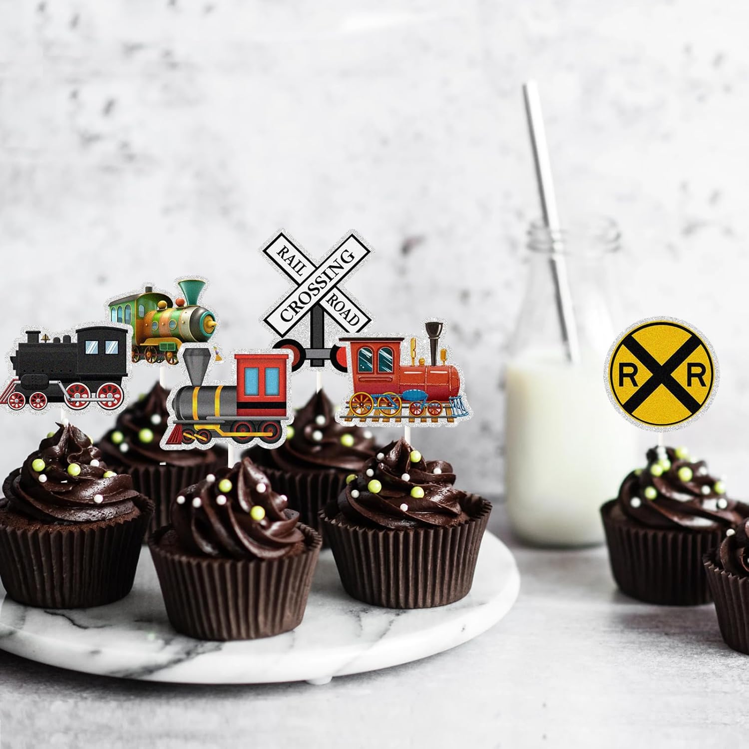 Decoración para magdalenas de postre de tren, 18 piezas de decoración de cupcakes de fiesta de ferrocarril, transporte de tráfico, decoración