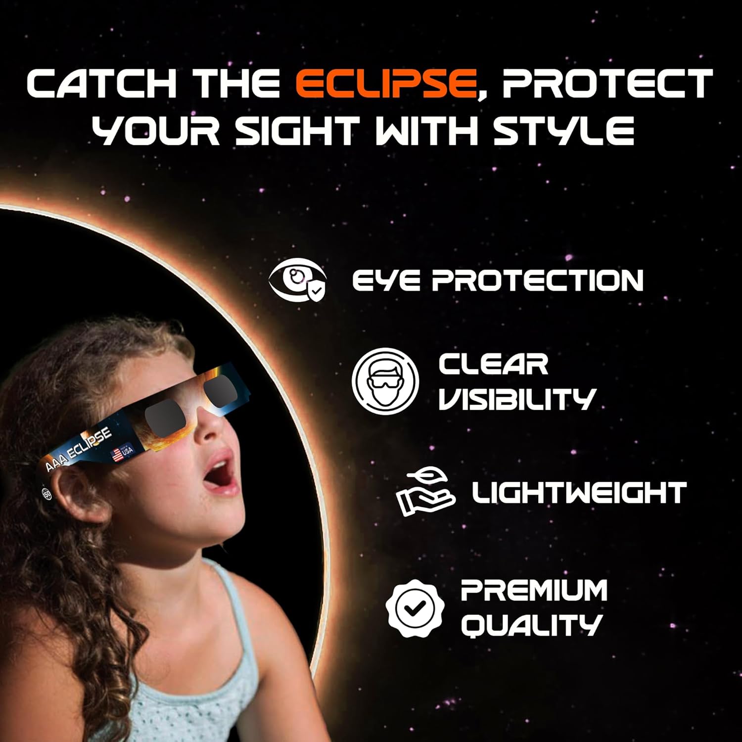 Paquete de 50 lentes para eclipse solar, aprobados por la AAS 2024, fabricados en Estados Unidos, con certificación ISO 12312-2 y lentes de visión