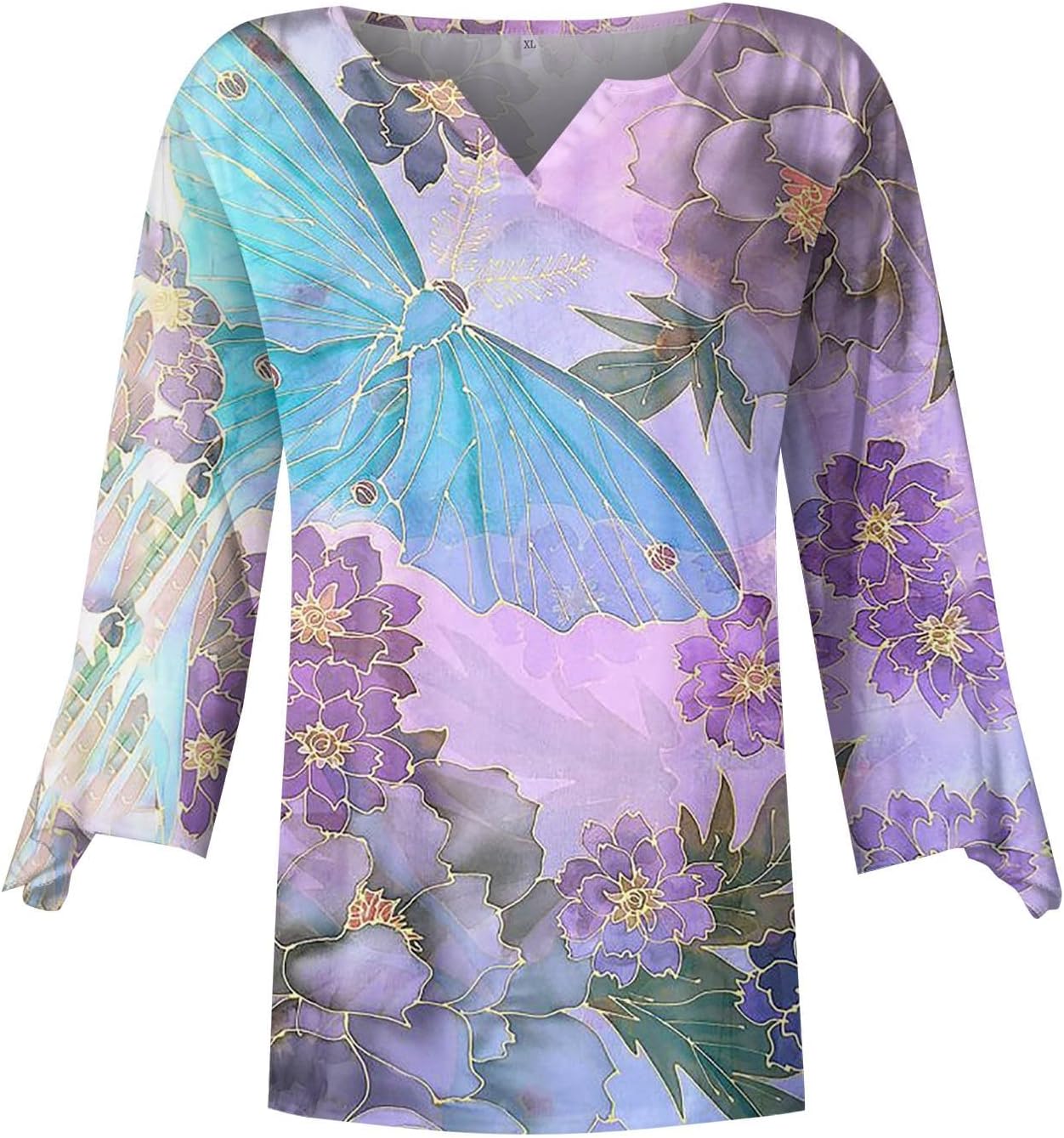 Blusa casual para mujer, holgada, informal, con cuello en V, estampado de campana, manga 34