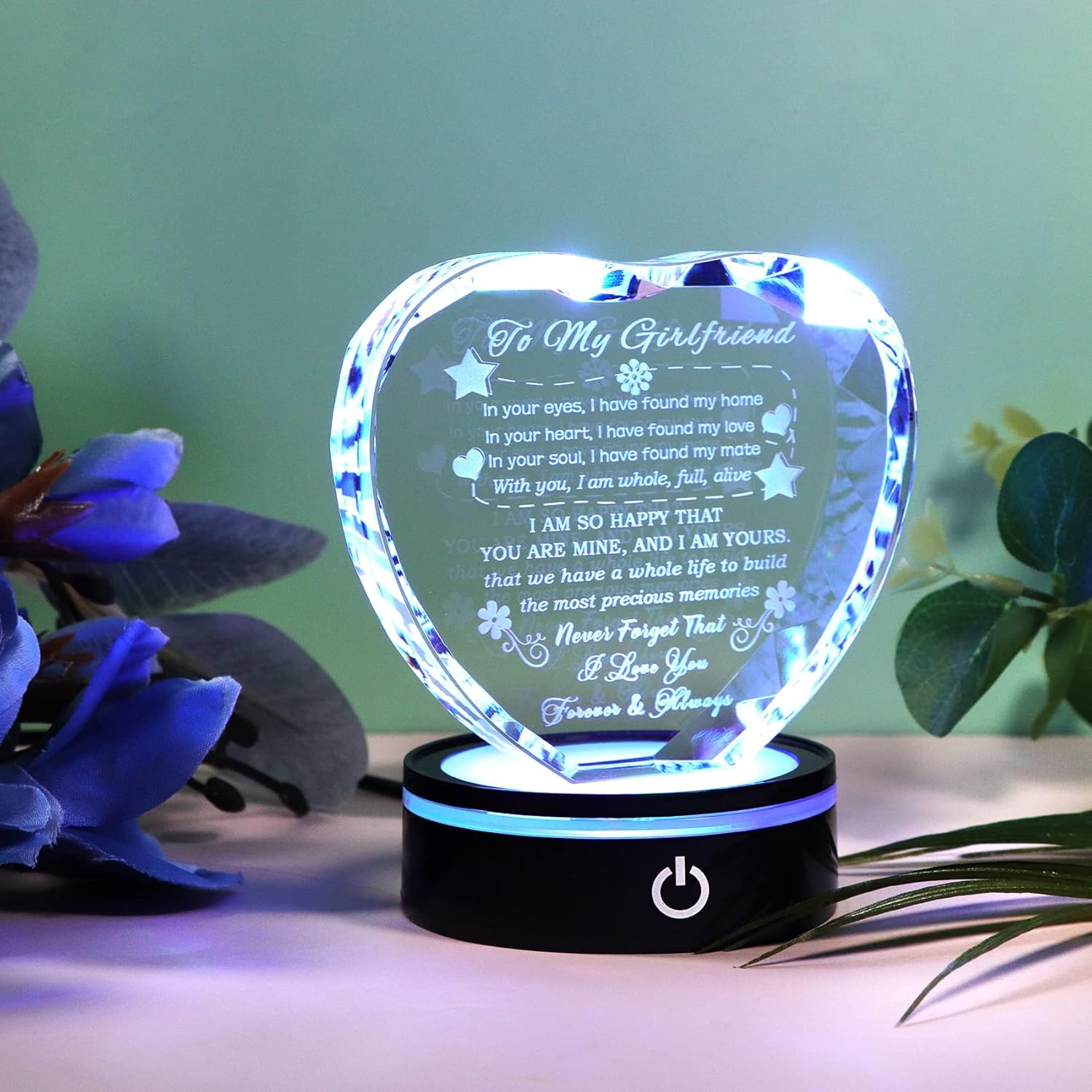 YWHL Regalos para novia, romántico para mi novia, recuerdo de corazón de cristal con base LED colorida para novia, regalos de cumpleaños,