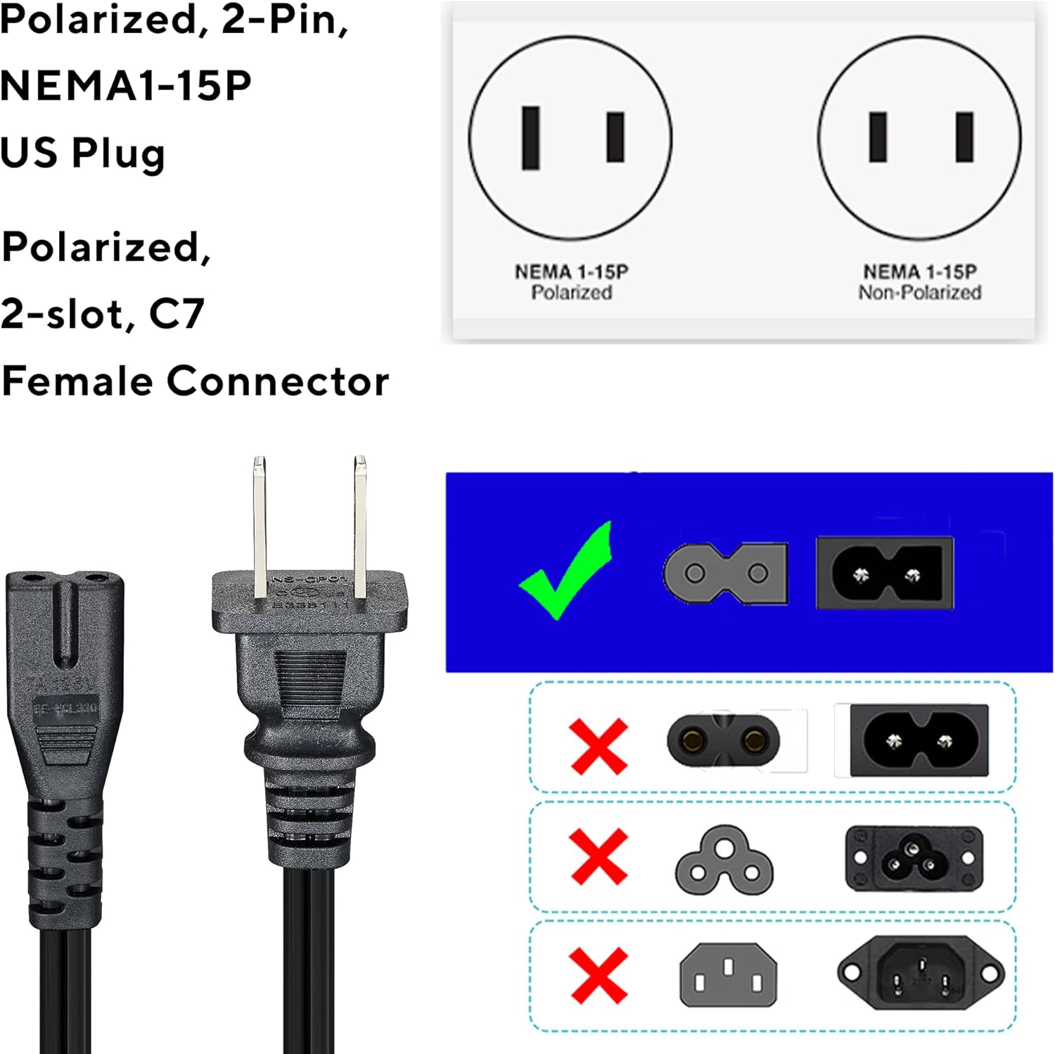 Guy-Tech Cable de alimentación de CA para Sony Portable 1-558-834-11 155883411 1-574-085-11 157408511 1-574-085-21 157408521 1-575-706-00 1575700
