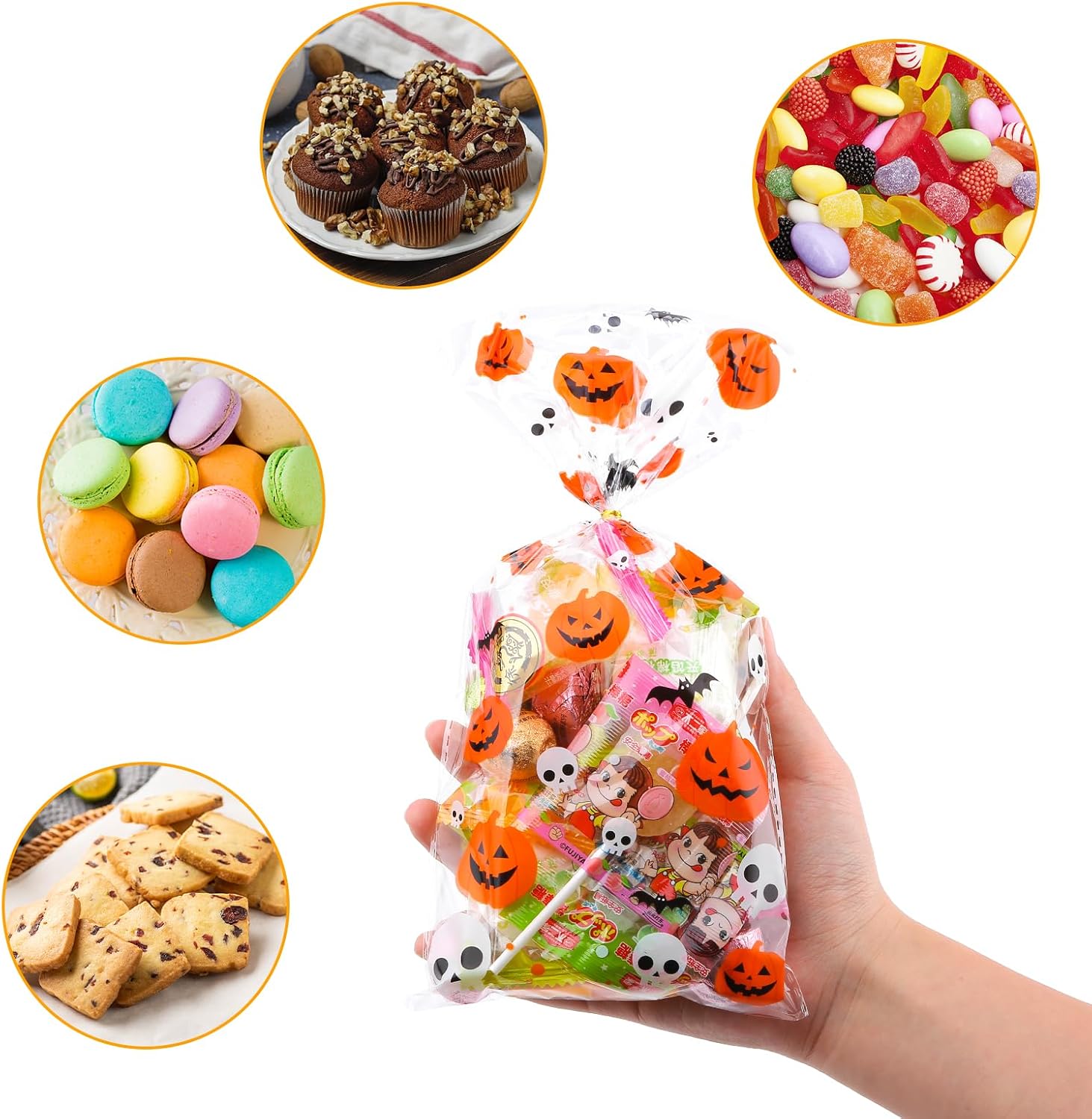 180 bolsas de celofán de Halloween, bolsa de plástico transparente para dulces con lazos dorados para fiestas de Halloween