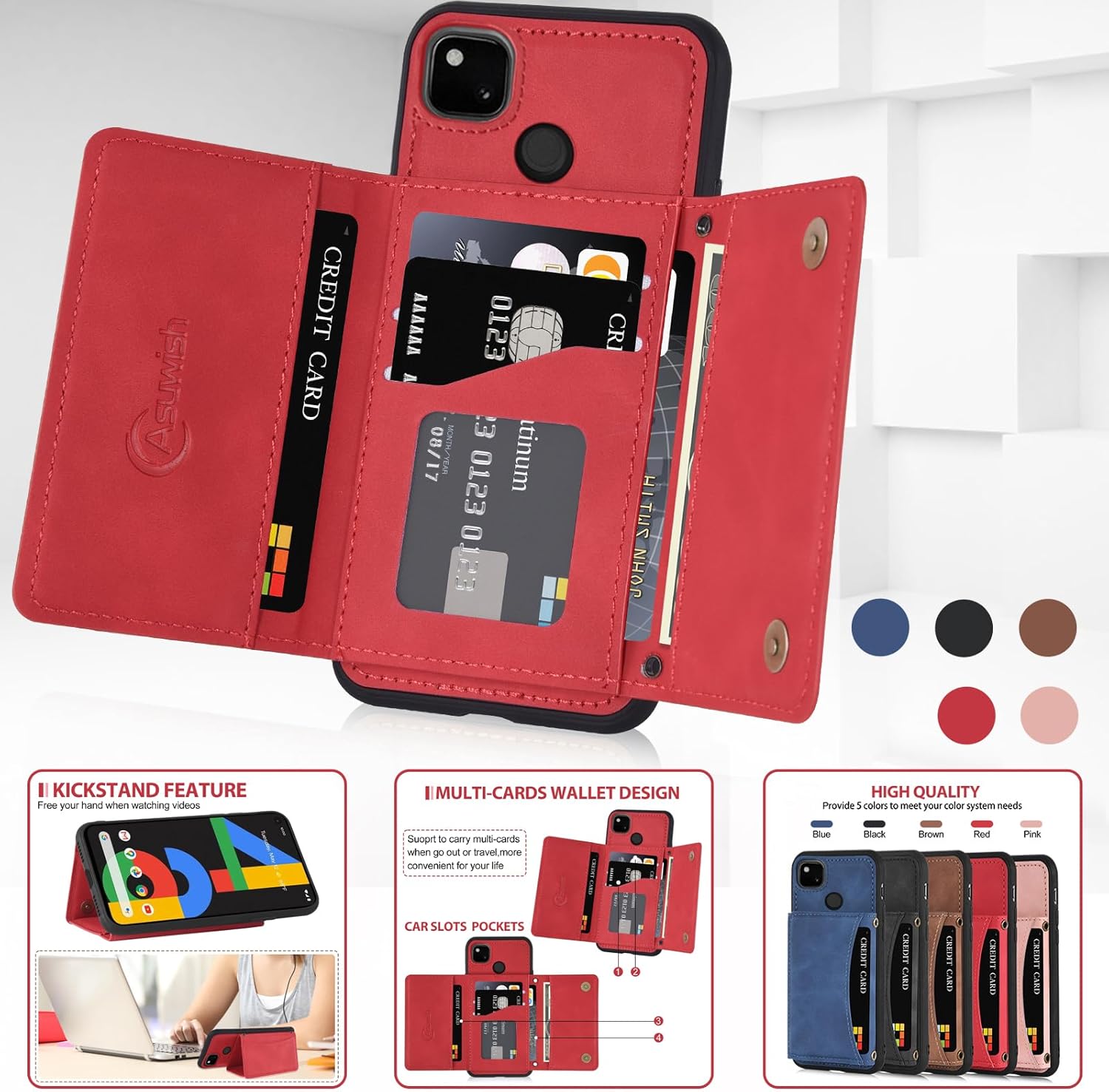 Asuwish Funda de teléfono para Google Pixel 4a 4G Funda tipo cartera con protector de pantalla de vidrio templado y soporte para tarjetas de crédito