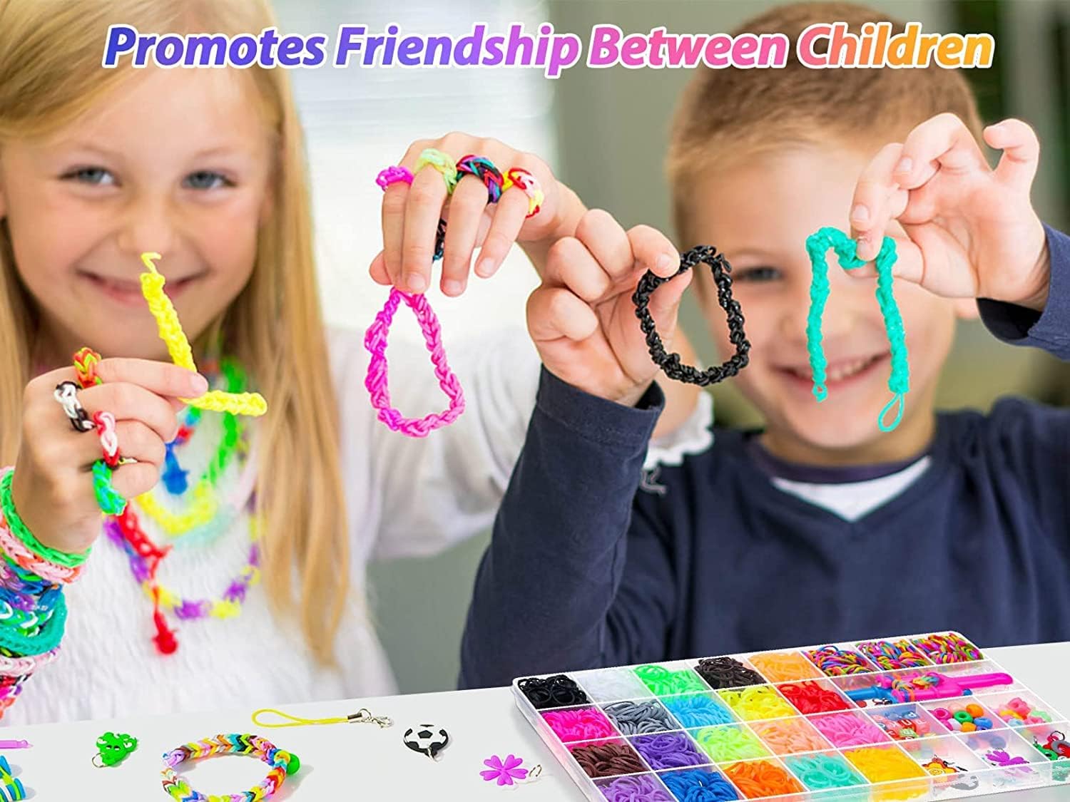 OOZDA Kit de pulsera de banda de goma con un gancho de ganchillo de metal, kit de fabricación de pulseras de telar de 28 colores para niños, kit de