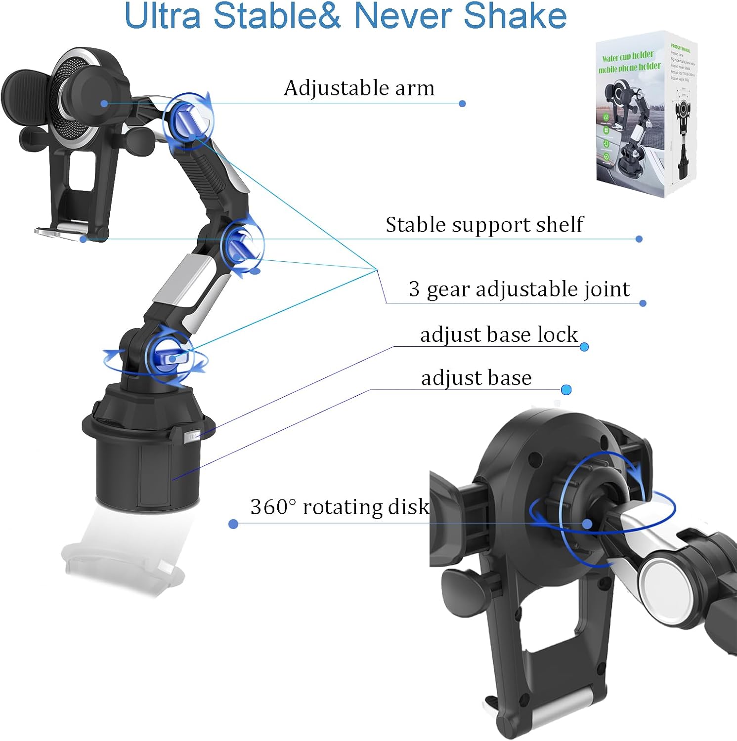 LOUSNX Soporte de teléfono para automóvil, soporte universal de 360 de rotación de 360, soporte para teléfono para taza de automóvil sin sacudidas,