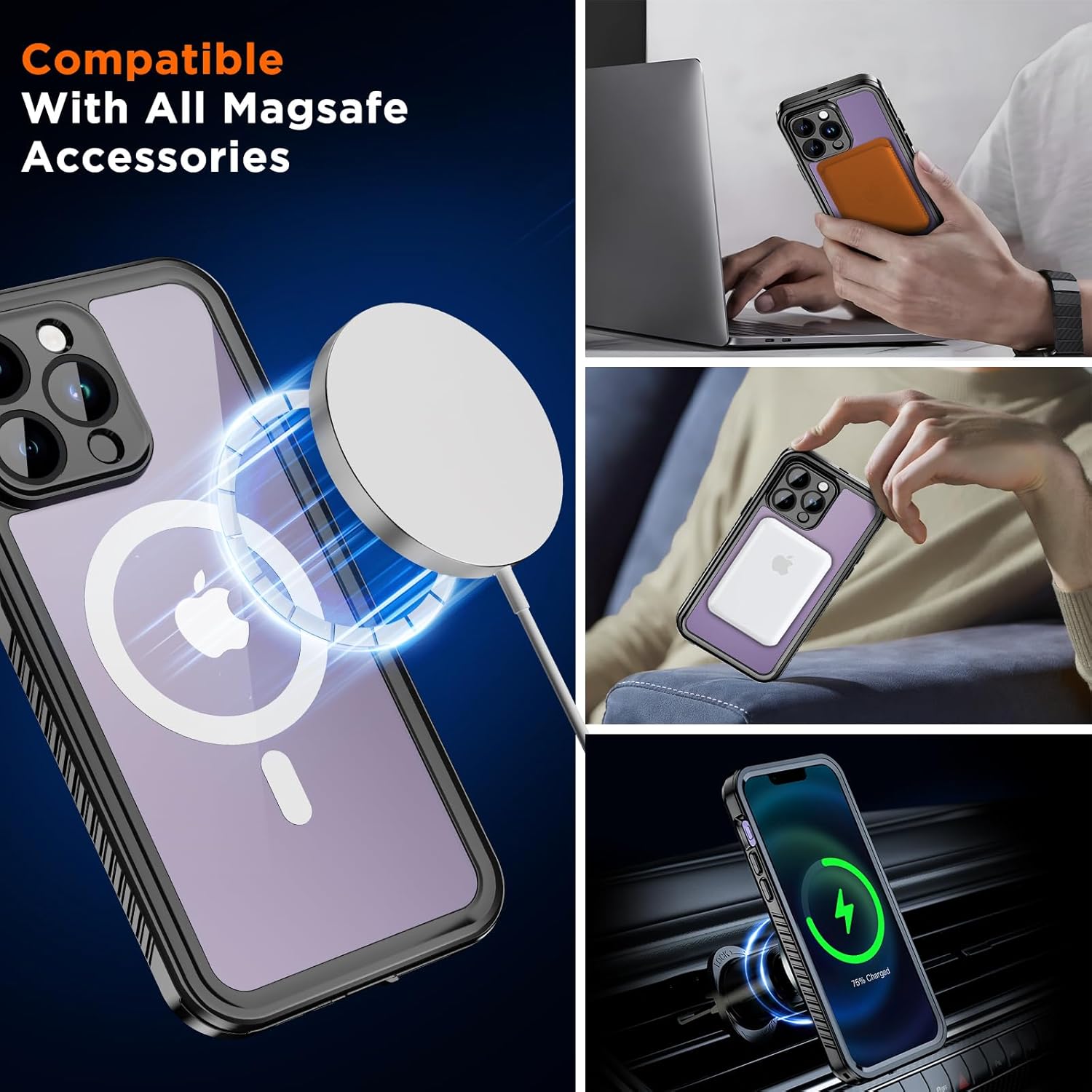Beasyjoy Funda impermeable para iPhone 14 Pro Max con Magsafe, funda magnética resistente con protector de pantalla integrado, 360 grados de