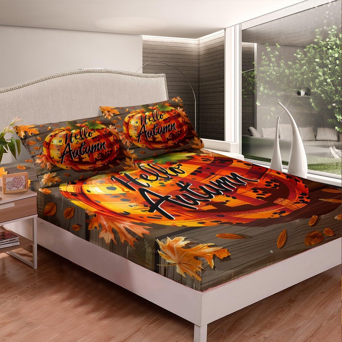 Manfei Sábana bajera ajustable de calabaza de otoño, tamaño matrimonial, funda de cama de calabaza de leopardo a cuadros con 2 fundas de almohada,