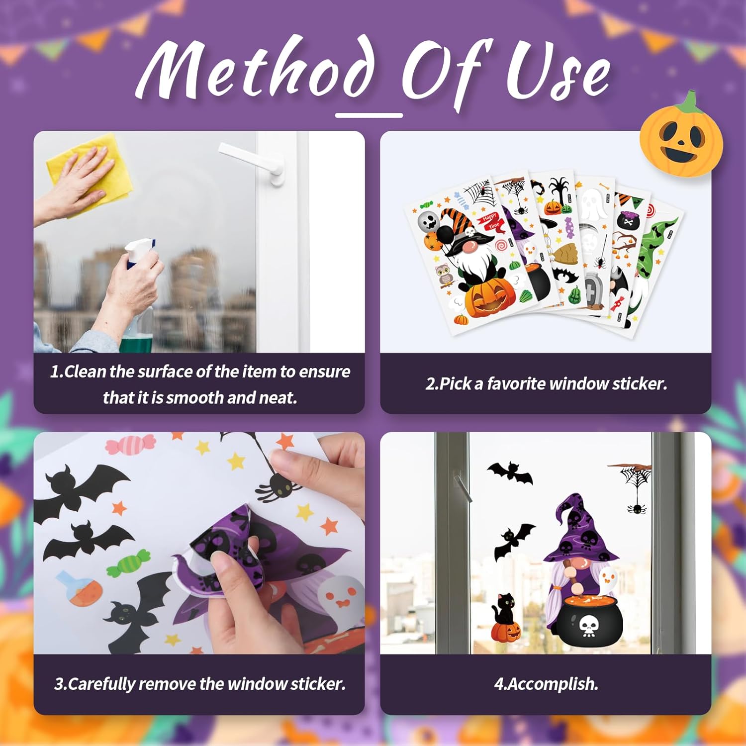 6 hojas de calcomanías de Halloween para ventana, 118 piezas reutilizables para decoración de ventanas de Halloween con brujas, calabaza,