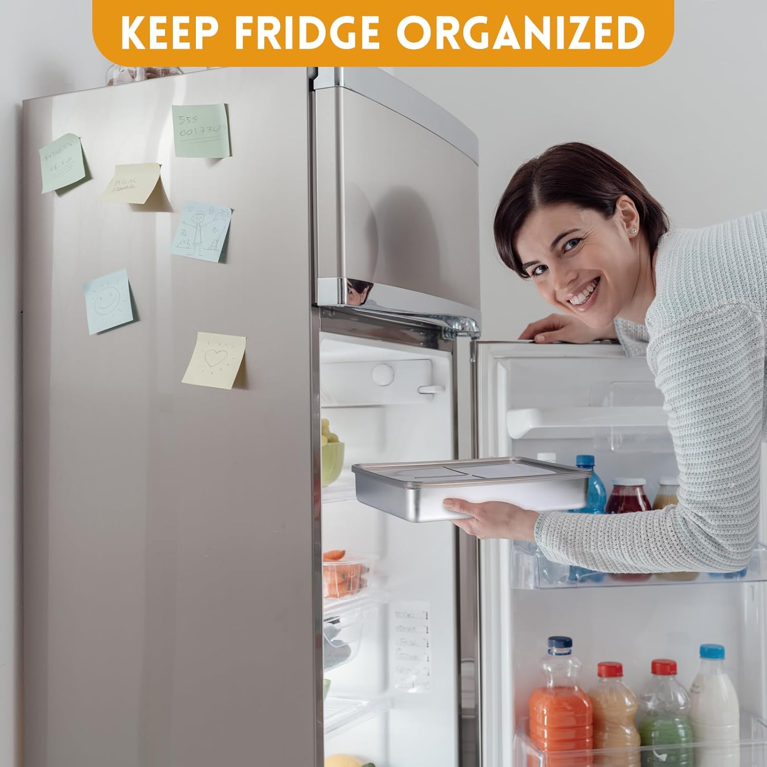 Paquete de 2 recipientes de tocino para refrigerador de acero inoxidable 304 herméticos recipientes de almacenamiento de carne de delicatessen