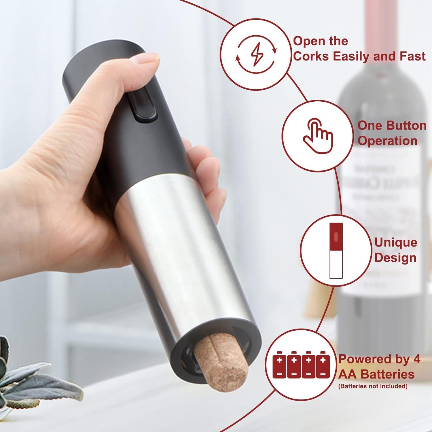 Abrevino eléctrico 4 en 1 juego de regalo con cortador de aluminio, tapón al vacío, vertedor de vino, funciona con pilas para fiestas, cocina y