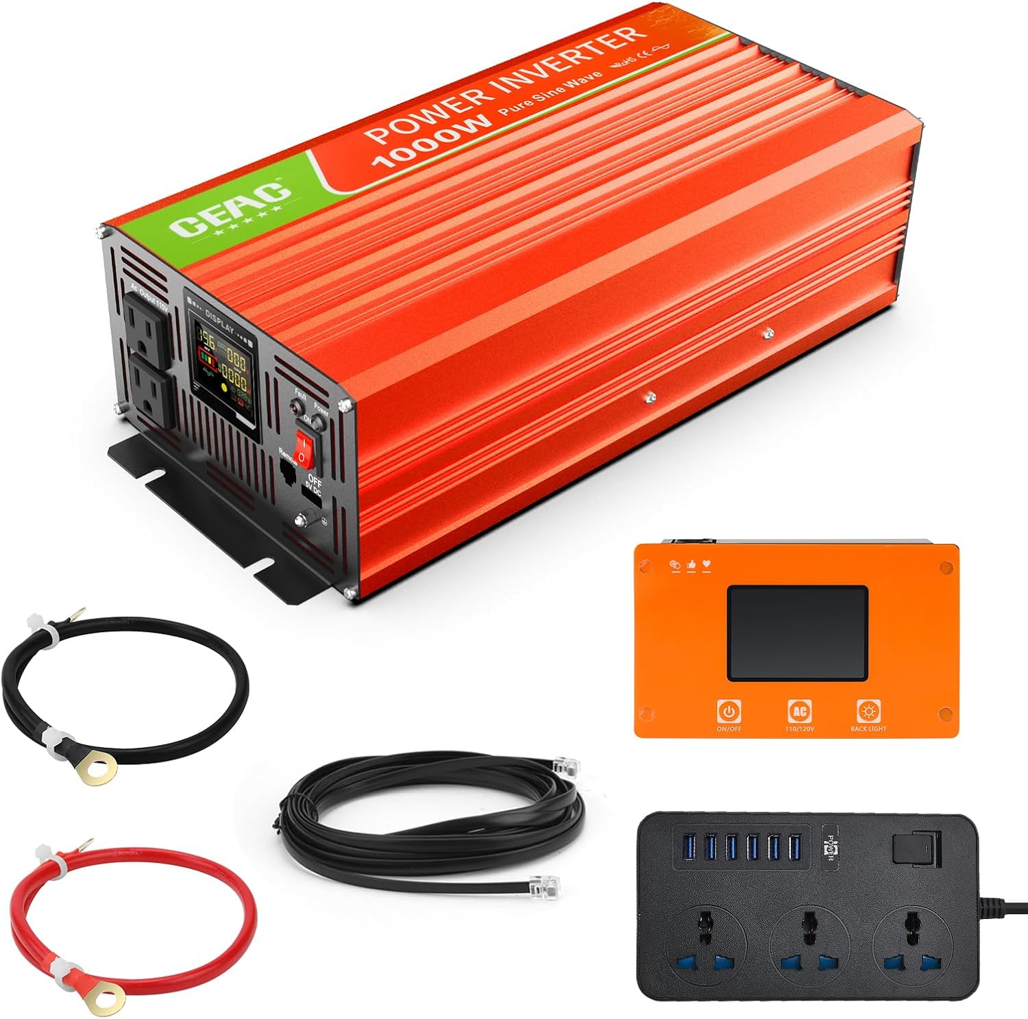 Inversor de onda sinusoidal pura de 1000 W, convertidor de 12 V CC a 110 V CA con rayo, cable de datos USB para el hogar, RV, camión, campamento con