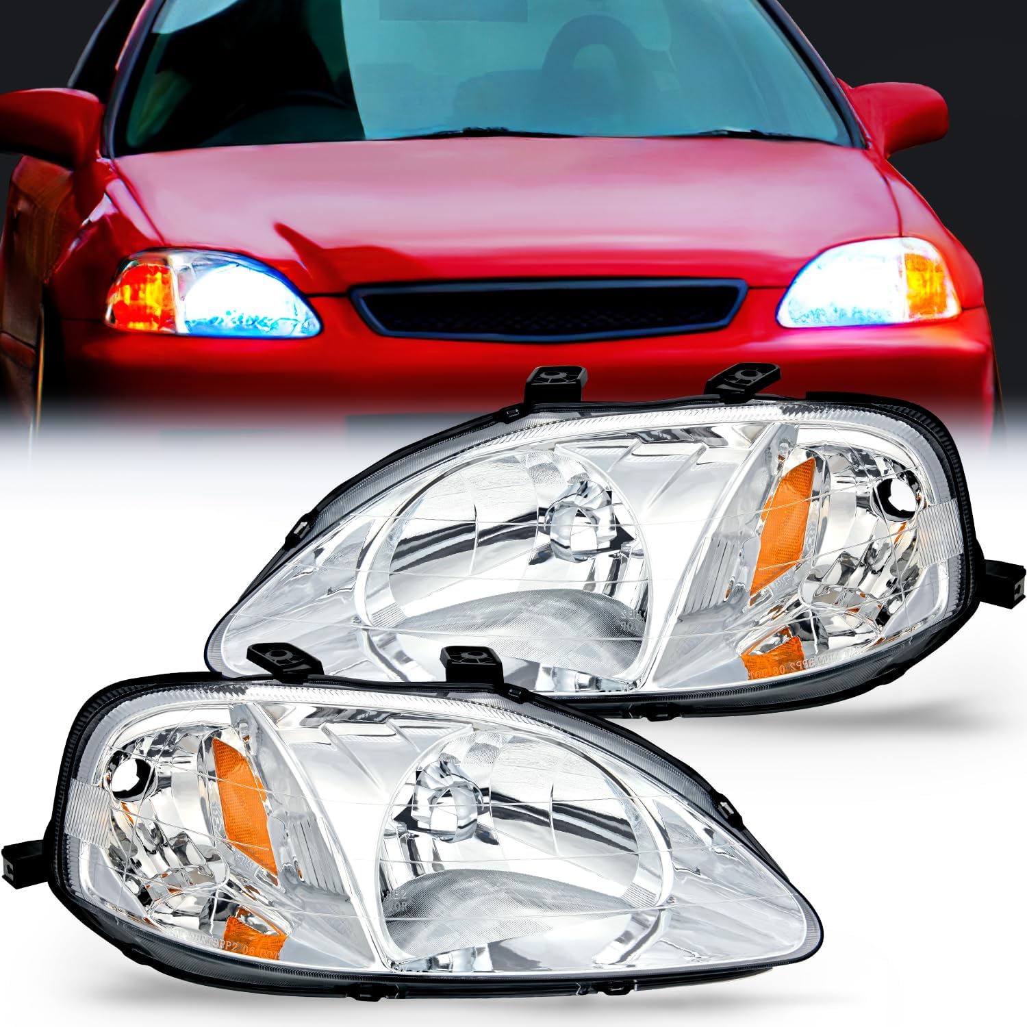 Nilight Conjunto de faros delanteros compatible con Honda Civic 1999 2000, carcasa cromada, reflector ámbar, lente transparente mejorada, lado del