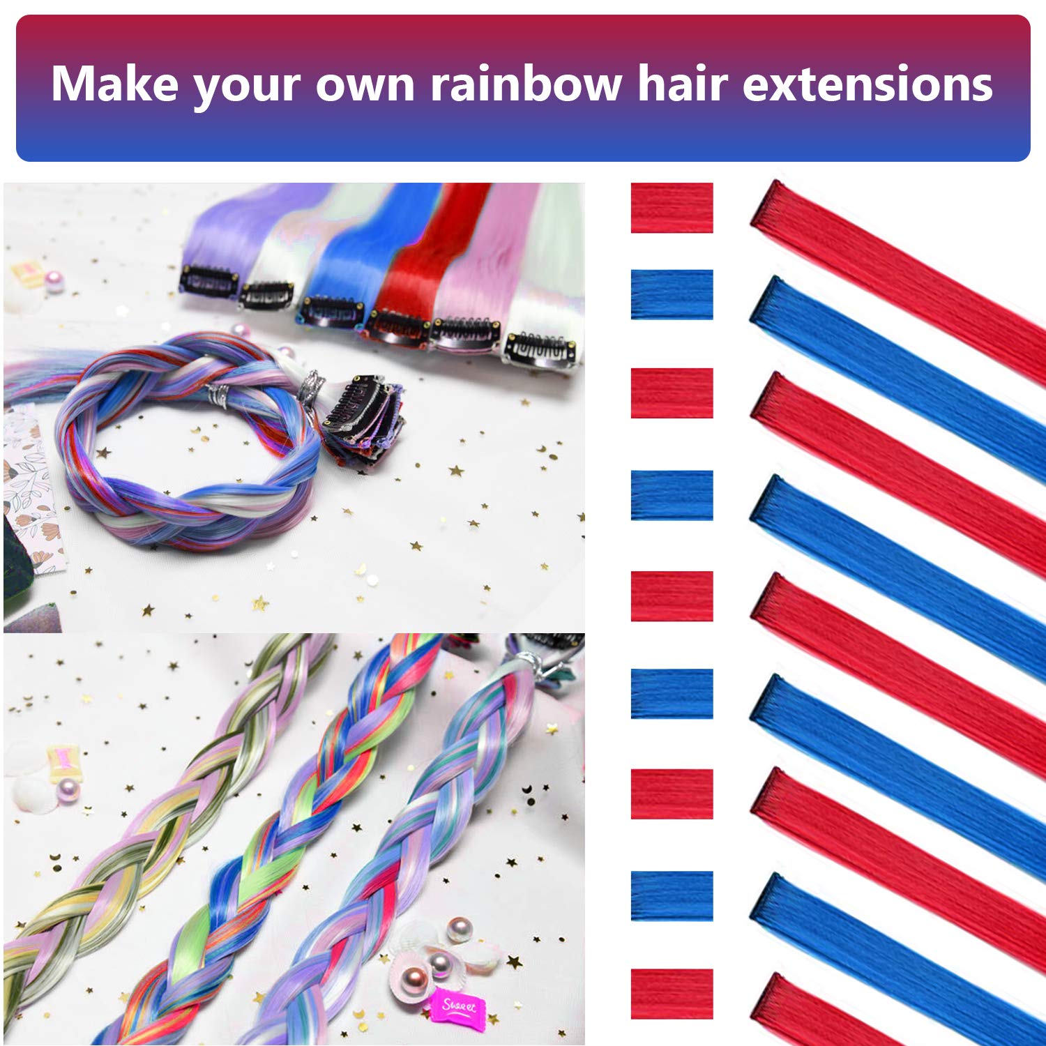 Extensiones de cabello de colores, 10 unidades, extensiones de cabello sintético con clip con reflejos coloridos para fiesta, accesorios de cabello
