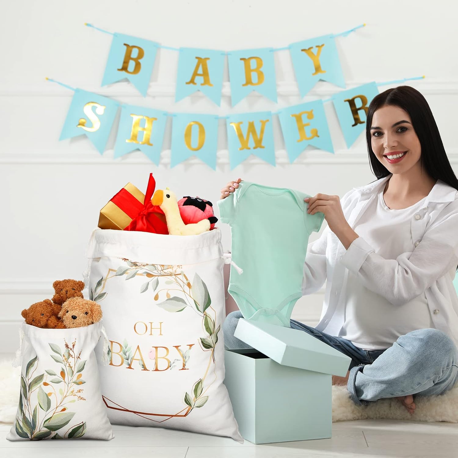 Tudomro 4 bolsas de regalo grandes con cordón para baby shower, bolsas de regalo de lona con estampado de vegetación, bolsas de regalo de
