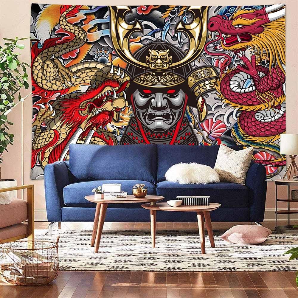 Aidatain Tapiz samurái japonés de anime Oni para colgar en la pared, diseño estético de dragón japonés de franela grande de 80 pulgadas y 60