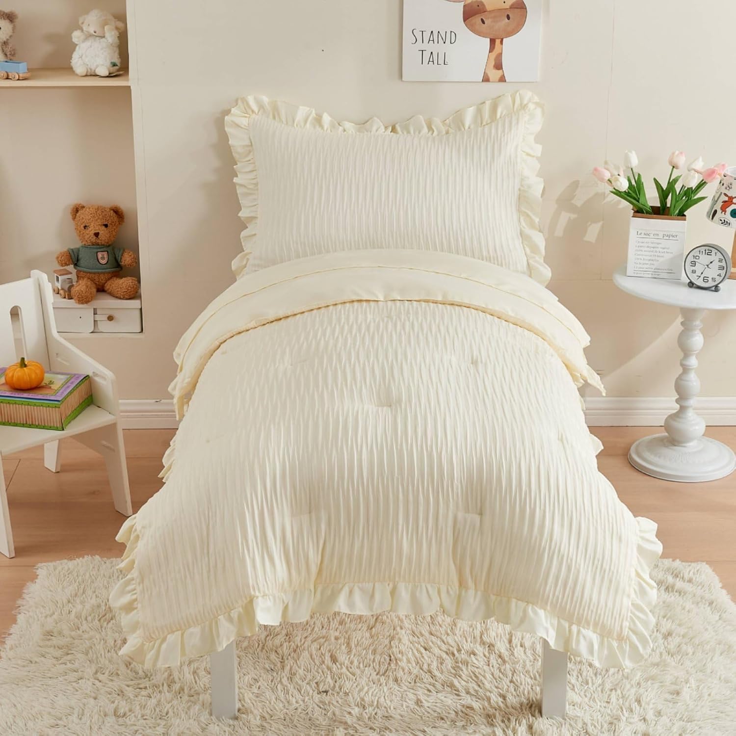 Juego de ropa de cama de 4 piezas con textura de sirsaca para niñas, juego de sábanas para cuna, color beige, con volantes, ropa de cama suave y