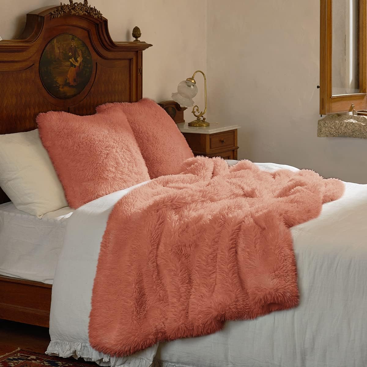 Amélie Home Manta mullida de piel sintética, lujosa manta decorativa peluda para sofá, acogedora manta peluda de felpa para sofá cama, color rosa