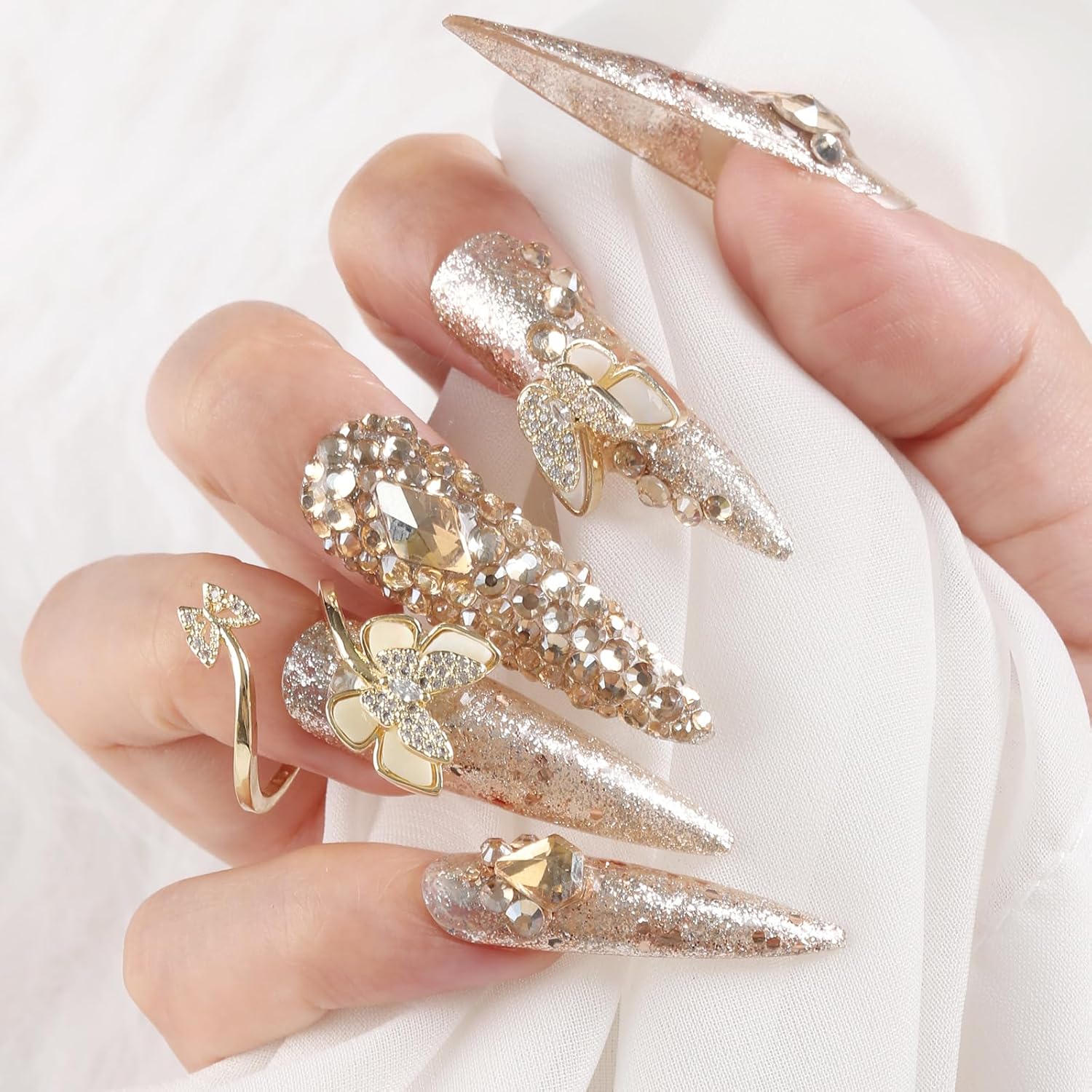 -Uñas largas a presión realmente hechas a mano, uñas postizas de lujo dorado estilo stiletto Y2k, uñas adhesivas con pegamento con diamantes de