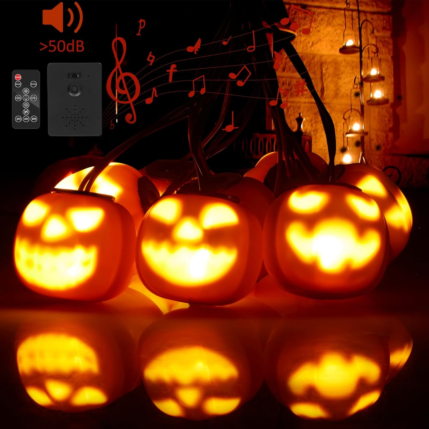 Guirnalda de luces de calabaza de Halloween de 14.7 pies con música espeluznante, luces de cadena impermeables naranjas, sensor de movimiento,