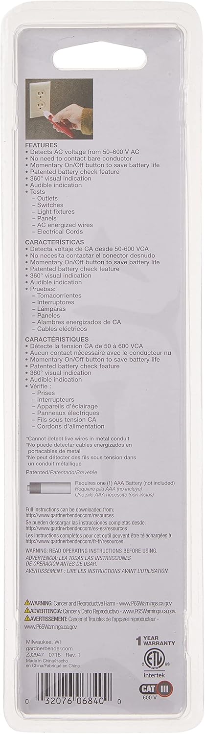 Gardner Bender Probador de voltaje sin contacto de alerta de circuito GVD-3504, indica voltaje de CA 50-600V, patentado, CUL, ETL, rojo