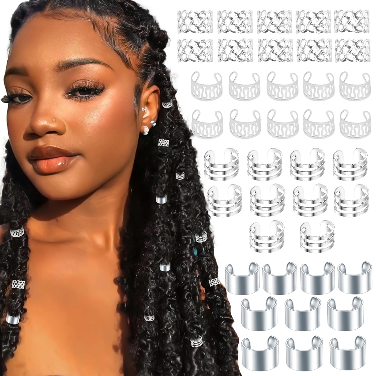 VENOFEN 40 piezas de pulseras plateadas para el cabello, joyería de rastas, para trenzas, aleación de metal, joyería para el cabello, pinzas para