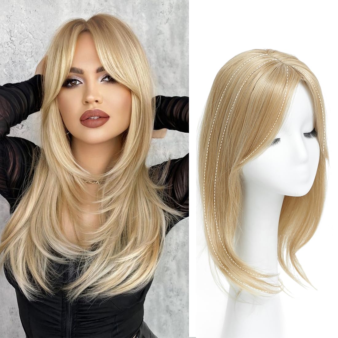 UDU Toppers para el cabello para mujer para adelgazar el cabello rubio oscuro, reflejos de fibra sintética, piezas de pelo para mujer, multicapa,