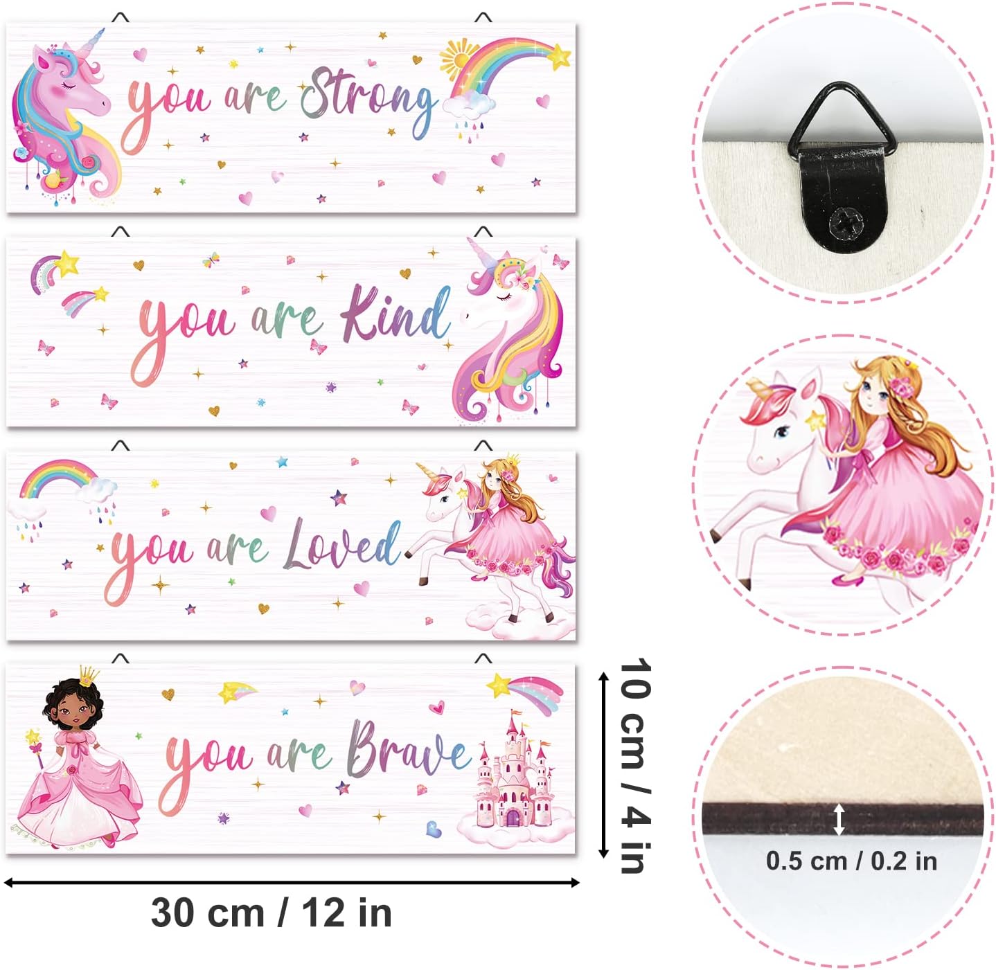 decalmile 4 piezas de unicornio princesa castillo arco iris motivacionales carteles de madera colgantes placa de pared You Are Kind Braved citas