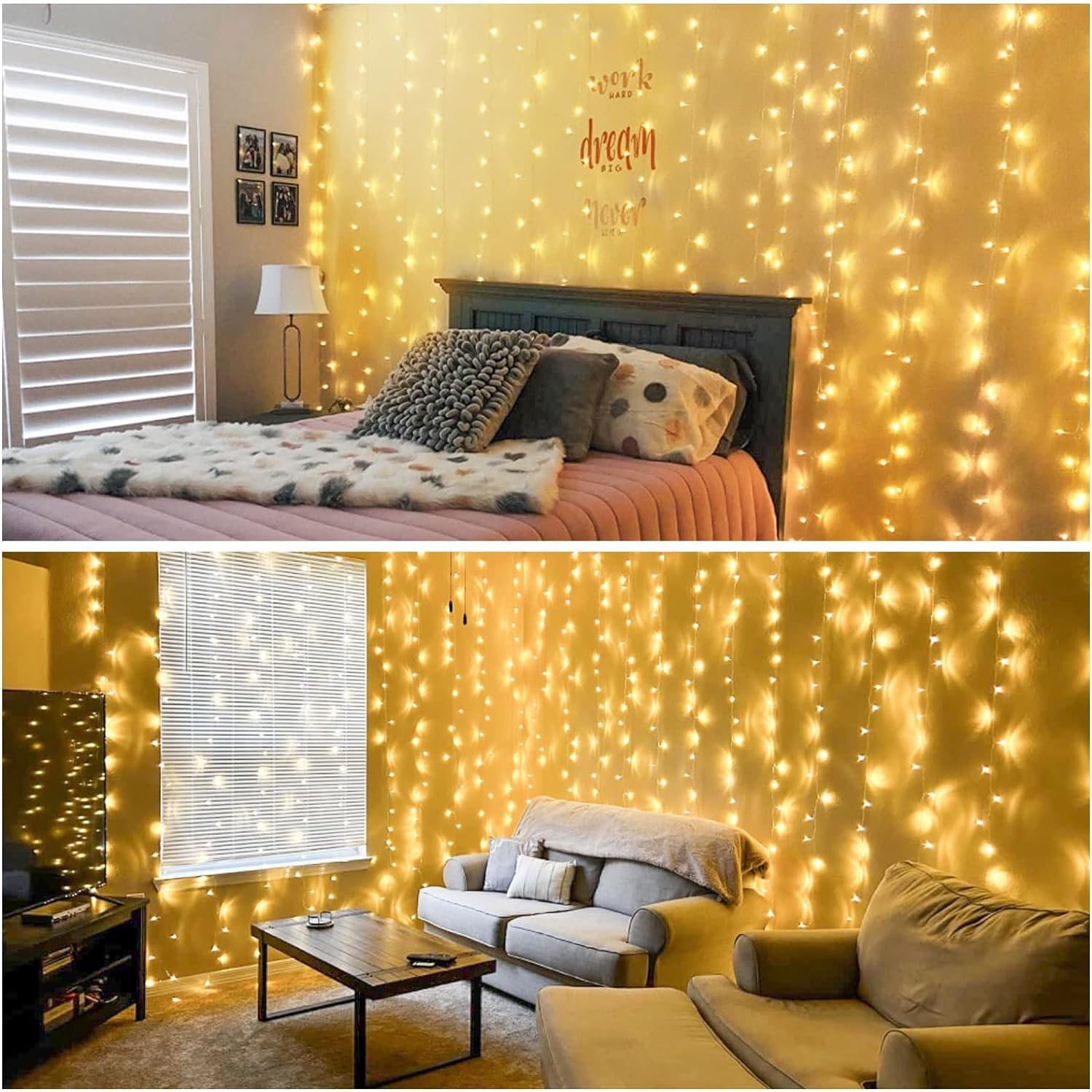JMEXSUSS 900 luces LED de cortina de Navidad para exteriores, 9.5 x 29.5 pies, luces de Navidad enchufables con control remoto, luces colgantes de