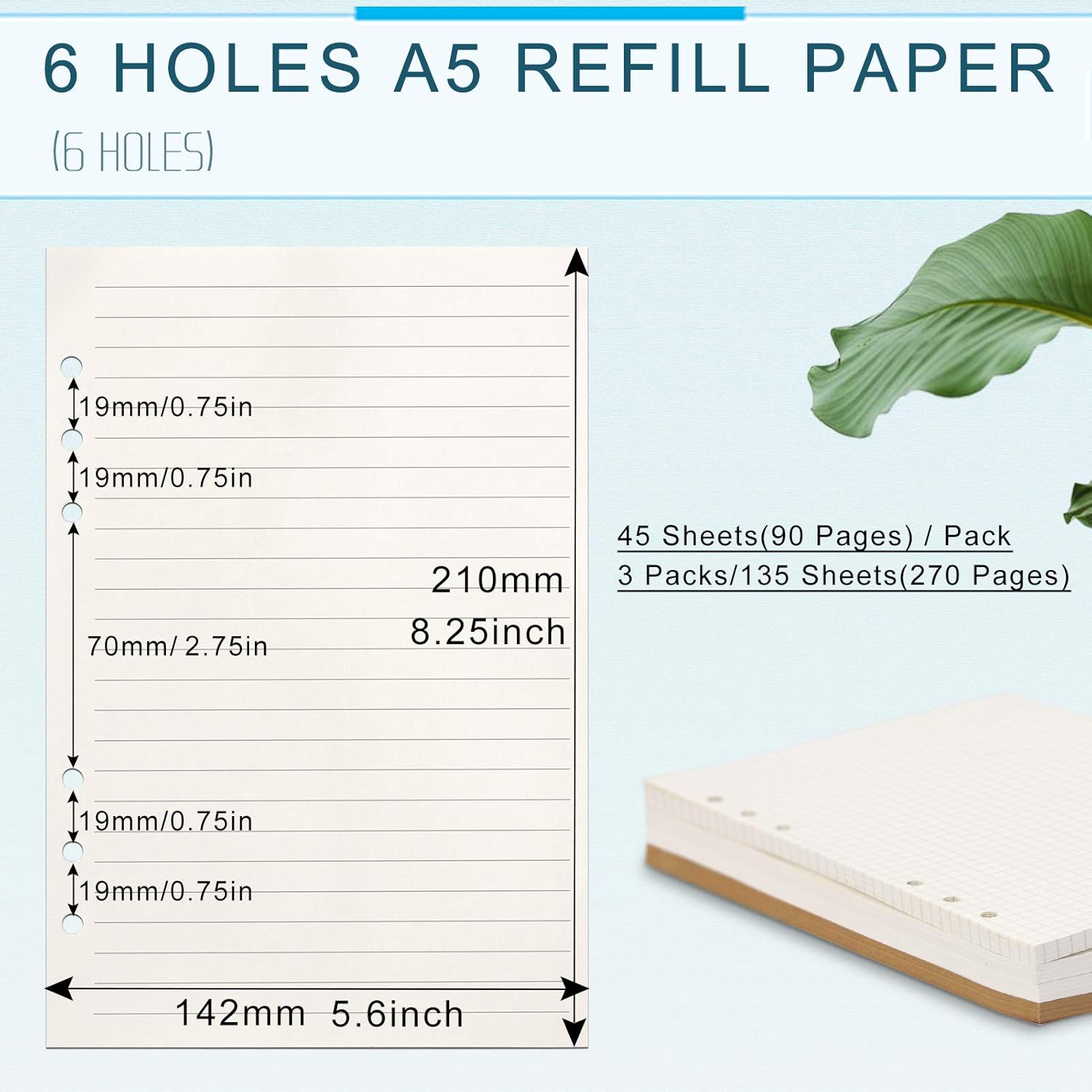 Papel de hojas sueltas A5 135 hojas 270 páginas, papel de repuesto A5 forrado, 6 insertos de carpeta de anillas, papel cuadriculado de relleno A5