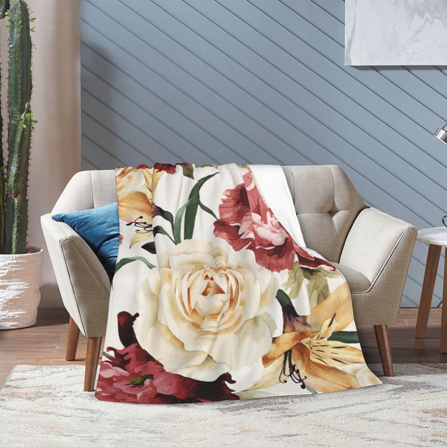 Manta de cama con diseño floral de rosas en acuarela, ultra suave, para todas las estaciones, cálida, ligera, acogedora manta de felpa para el