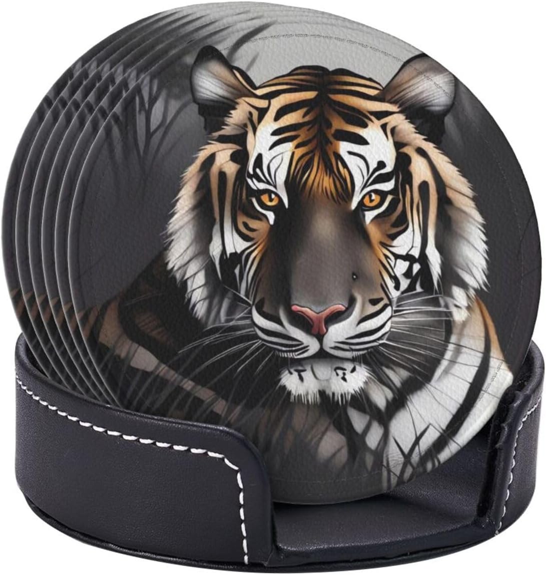 Juego de 6 posavasos de cuero con soporte, diseño de tigre en reposo, para bebidas, con aislamiento, posavasos redondos para decoración de mesa